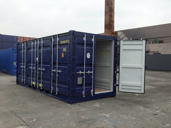 Storage Container with doors on each end 20 blue outside side door access one door open