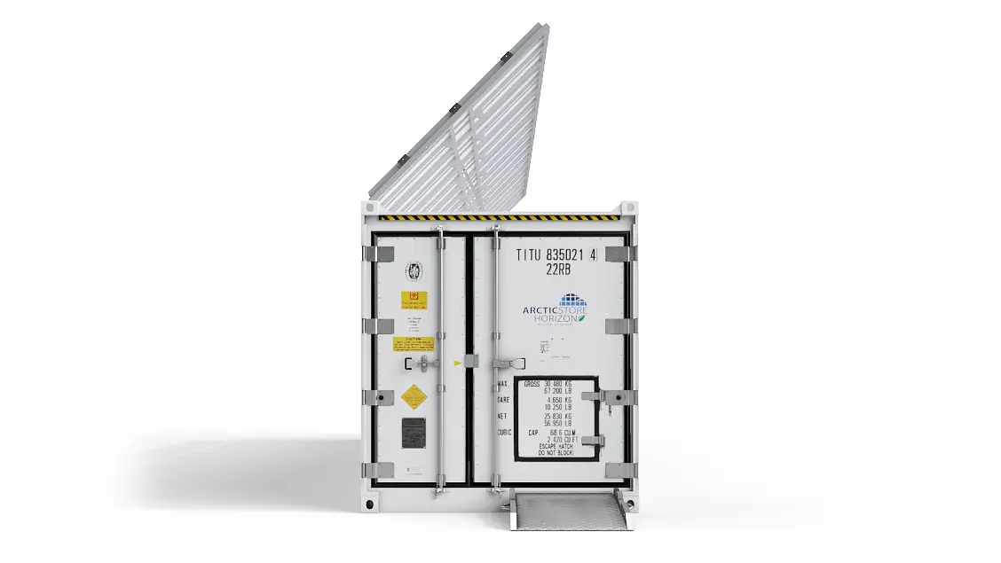 40ft ArcticStore Horizon Vorderseite mit Solarpanelen 45 Grad