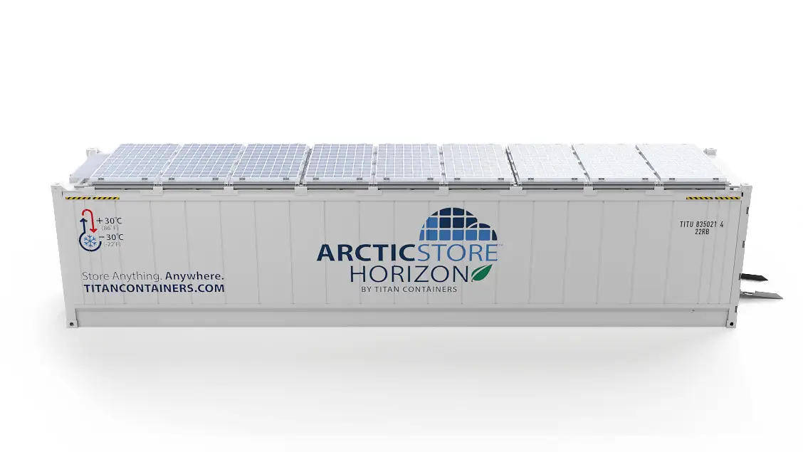 40ft ArcticStore Horizon mit Solarpanelen Seitenansicht