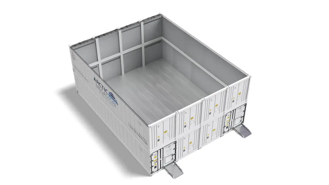 Innenansicht eines temperaturgesteuerten Arctic MegaStore-Lagercontainers mit isolierten Wänden und Boden.
